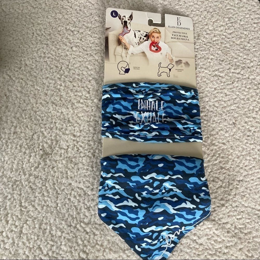 Ellen DeGeneres Matching Dog Bandana and Face Mask Blue Camouflage Large